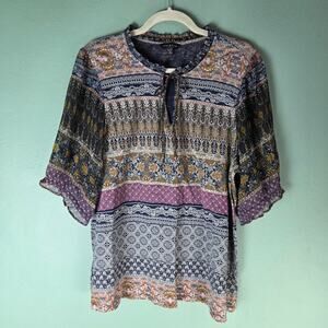 Lucky Brand Womens XL Multicolor Patchwork Boho Sheer Short Sleeve Keyhole Top